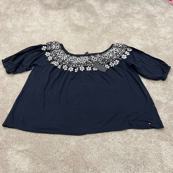 NWT Tommy Hilfiger Women's Wide Neck Off Shoulder Navy‎ Top White 1x Plus - Picture 5 of 7